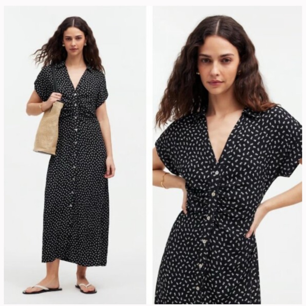 Madewell Button Front Midi - Black Patterned Women's Dress